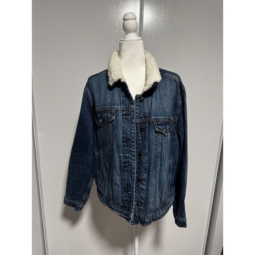 Good American Denim Jacket Sherpa‎ Collar Jean Trucker Jacket size 2/3 Women's